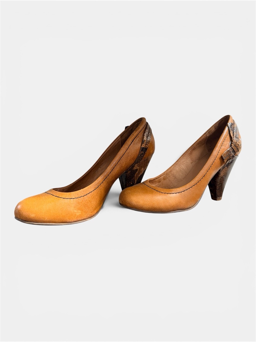 Aldo Caramel Tan Leather Pumps with Snakeskin-Textured Heel